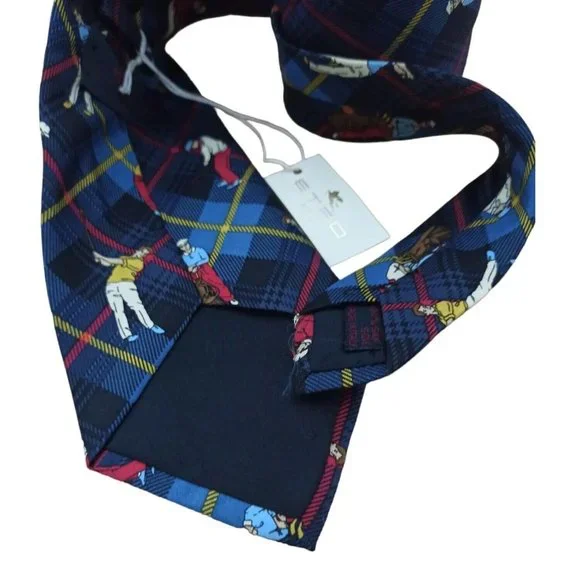 🆕ETRO MILANO Blue Plaids & Checks Golf Player Silk Tie ITALY 57/ 3.8 NWT